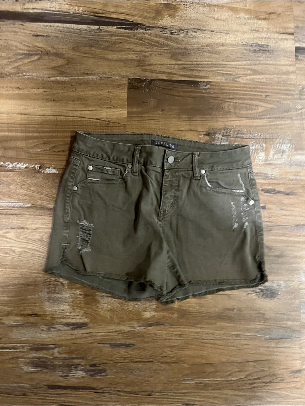 Level 99 Olive Green Distressed Frayed Hem Jean Shorts
